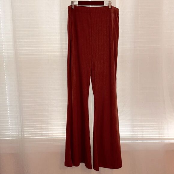 F21+ 2X Rust Brown Ribbed Knit Wide Leg Pants - Picture 3 of 8